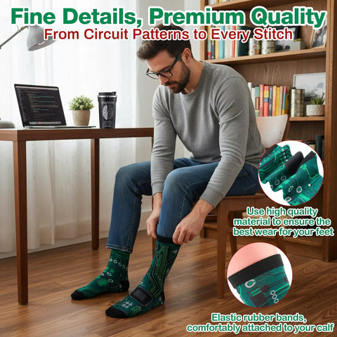 Man wearing cool circuit socks from the All In One Engineer Gift Set For Men With 17 Oz Stainless Steel Tumbler Circuit Board Cup Mats.