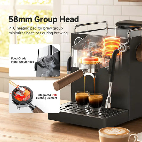 Hassle Free Semi Automatic Espresso Maker With Hands Free Milk Frother For Silky Lattes And Rich Cappuccinos Boasts Rapid Heat Up Custom temperature settings in 58mm group head.