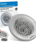 Premium Shower Drain Hair Catcher And Clog Prevention Protector Fits All Us Standard Flat Drains with shiny stainless mesh design.