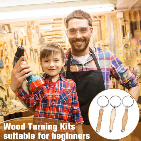 Front view: XunYee 12-piece woodturning keychain kit with wooden handles and metal rings
