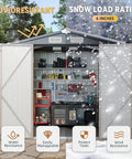 6x8 Foot Outdoor Steel Storage Shed With Lockable Door Waterproof And Rust Proof Construction for yard showing interior shelves, tools, and dual door access with snow and rain resistance.
