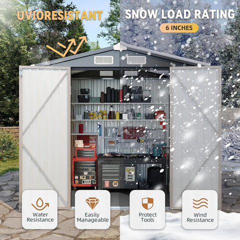 6x8 Foot Outdoor Steel Storage Shed With Lockable Door Waterproof And Rust Proof Construction for yard showing interior shelves, tools, and dual door access with snow and rain resistance.