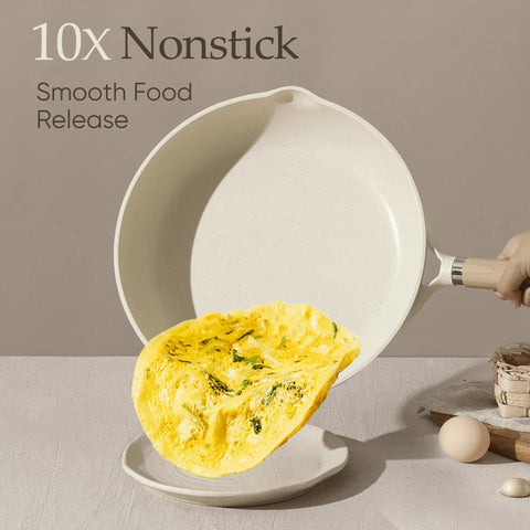 Person serving omelet with 8 Inch White Granite Nonstick Frying Pan Skillet With Heavy Duty Cast Aluminum Induction Base