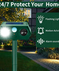 No-Hassle 4 Pack Ultrasonic Animal Repellent With PIR Motion Sensor And LED Lights For Outdoor Yard And Garden Waterproof Deterrent For Deer Cats Dogs Squirrels Raccoons Rabbits Skunks And More. green solar motion-activated yard repellent with flashing lights