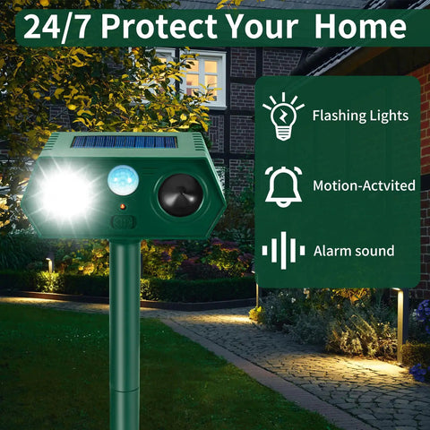 No-Hassle 4 Pack Ultrasonic Animal Repellent With PIR Motion Sensor And LED Lights For Outdoor Yard And Garden Waterproof Deterrent For Deer Cats Dogs Squirrels Raccoons Rabbits Skunks And More. green solar motion-activated yard repellent with flashing lights