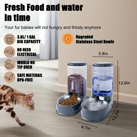 Premium Stainless Steel Automatic Pet Feeder And Water Dispenser With Gravity Fed Bowls, 12.6x6.7x12.2 inch, for pets in home.