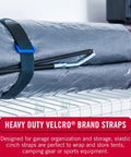 30 Inch Elastic Straps Four Pack secures tarps and poles on shelf with snug fit, hook-and-loop closure, and D-ring buckle.