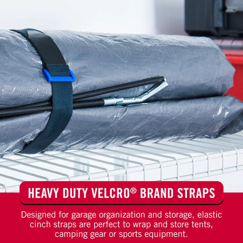 30 Inch Elastic Straps Four Pack secures tarps and poles on shelf with snug fit, hook-and-loop closure, and D-ring buckle.