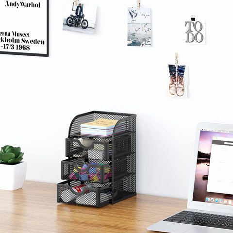 Mesh Desk Organizer With Three Drawers For Office And Home A Must Have Stationery Caddy For Paper Clips Post It Notes Staples And Small Accessories Clear Mesh Storage Keeps Essentials Visible Ideal For Students Black
