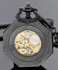 Vintage Hand Winding Mechanical Pocket Watch For Men With Chain And Gift Box, Black Finish, open case showing gears, no battery needed