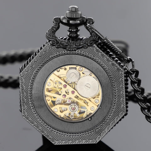 Vintage Hand Winding Mechanical Pocket Watch For Men With Chain And Gift Box, Black Finish, open case showing gears, no battery needed