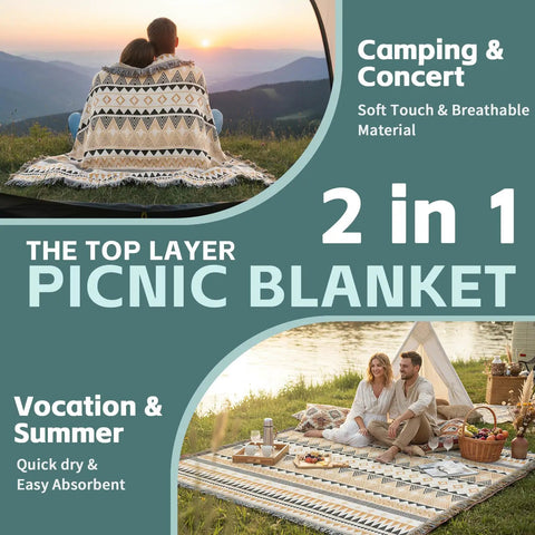 Couple on 2 In 1 Extra Large Boho Beach Blanket Towel Giant Woven Outdoor Picnic Mat For Camping And Travel Foldable Portable