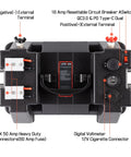 Hardcore 12V Smart Battery Box With Pd Quick Charge Port Anderson Plug Digital Voltmeter Circuit Breaker for RV Van SUV, detailing external terminals and features.