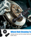Wheel Hub Cleaning Tool And Resurfacing Kit With 7 Pads for Fast Rust Busting DIY, shown cleaning a rusty wheel hub with a power drill.