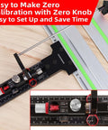 Front view of GOINGMAKE track saw parallel guide system with micro-adjustable flip-stop on aluminum guide rail and red knobs