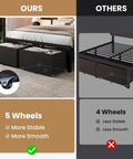 Black Queen Bed Frame Featuring Integrated Led Lights And Convenient Charging Station With Two Smooth Gliding Storage Drawers comparison showing five stable wheels.