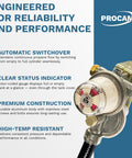 Diagram of Auto Changeover RV Propane Regulator with Dual Cylinder System, showing features and stainless construction.