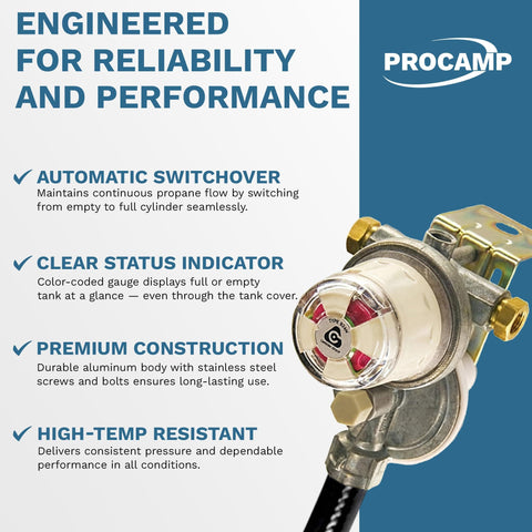 Diagram of Auto Changeover RV Propane Regulator with Dual Cylinder System, showing features and stainless construction.
