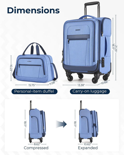 Carry On Luggage For Air Travel 20 Inch Softside Spinner Suitcase With Included Duffel Bag, blue, dimensions and expansion view