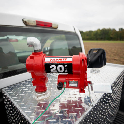 12V Fuel Transfer Pump 20 GPM Pump Only Durable Cast Iron Construction Handles Gasoline Diesel Kerosene Ethanol Methanol Biodiesel Blends Easy Installation With Removable Junction Box Rotates 180 Degrees Lifetime Warranty mounted on truck