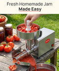 Arinoo Electric Tomato Strainer Juicer Maker Machine 450 Watt with fresh tomatoes and tomato puree on a wooden table.