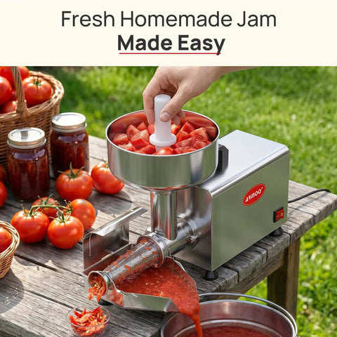 Arinoo Electric Tomato Strainer Juicer Maker Machine 450 Watt with fresh tomatoes and tomato puree on a wooden table.
