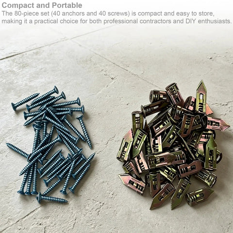 Self Drilling Drywall Anchors And Screws Kit 80-Piece Set with 40 anchors and 40 screws in two piles on a concrete surface