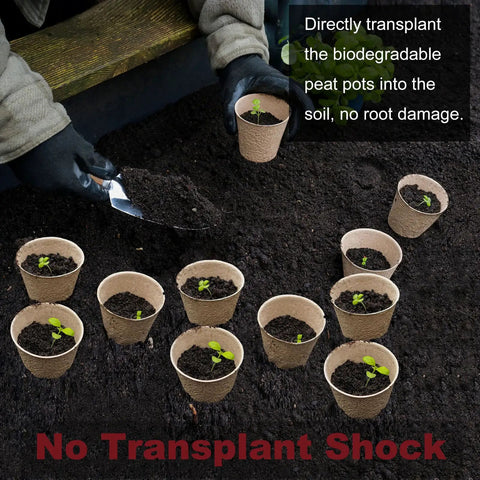 Gardener planting seedlings in Biodegradable Peat Pots Seed Starter Kit 45 Pack 3.15 Inch With Drainage Holes Includes 30 Plant Labels.