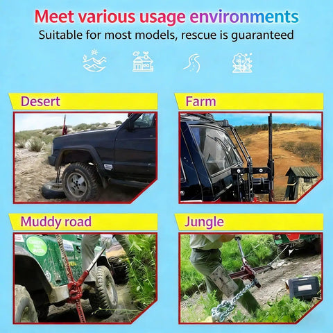 Beefed Up Heavy Duty Farm Jack 3 Ton Capacity 153 cm Off Road Ratcheting Utility Lift in desert, farm, muddy road, jungle