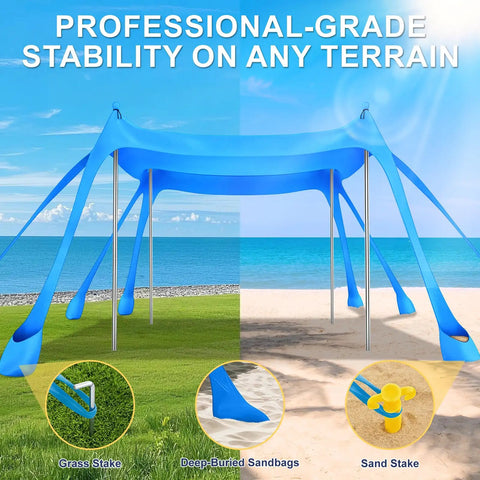 Pop Up Beach Canopy Sun Shelter With UPF Fifty And Ten By Ten Foot Coverage, Windproof Frame With Eight Sandbags And Stakes, shown at the beach with stabilizing features.