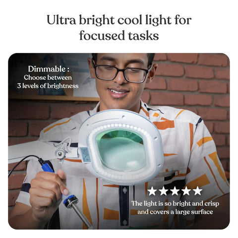 User adjusting Hands Free LED Magnifying Glass With Adjustable Stand And Floor Lamp, XL Magnifier Lens On 5 Foot Reach