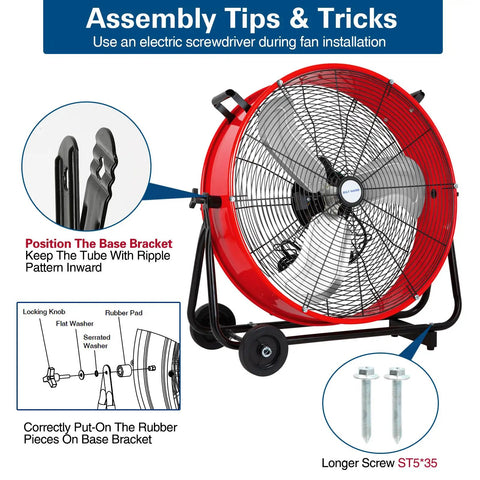 Assembly instructions for Powerful 24-Inch Drum Fan Built Tough With Three Speed Settings For Garage, Workshop, Basement, Warehouse And More High Velocity Airflow Up To 8100 CFM