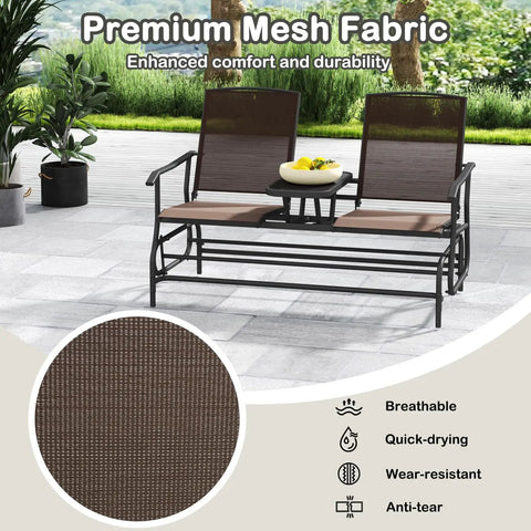 Two Person Cozy Outdoor Swing Glider Chair With Center Tempered Glass Table Patio Rocking Loveseat On Sturdy Steel Frame