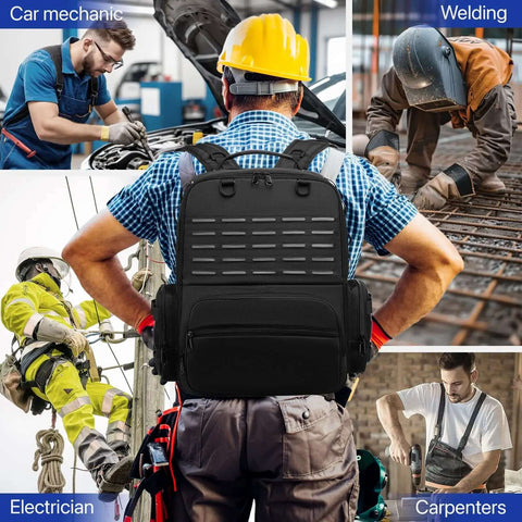 Heavy Duty Tool Backpack With Large Interior And Three Pouches For Electricians HVAC Techs Construction Pros And Handymen Pro Grade Tool Organizer Bag Worksite Ready on worker's back