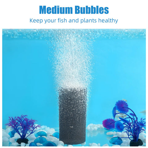 4x2 Inch Cylinder Air Stone Diffuser in aquarium, emitting bubbles, fits 3/16 inch tubing, boosts oxygenation for fish roots and nutrients