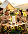 Group enjoying coffee with Portable Electric Burr Coffee Grinder With 38 Adjustable Grind Settings For Espresso French Press outdoors.