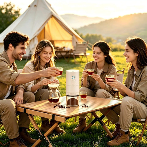 Group enjoying coffee with Portable Electric Burr Coffee Grinder With 38 Adjustable Grind Settings For Espresso French Press outdoors.