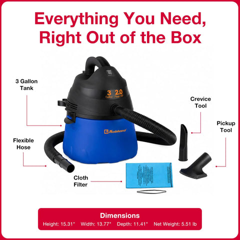 Wet Dry Shop Vac With 3 Gallon Tank And 2.0 Peak HP Motor in blue and black with accessories like flexible hose and crevice tool.