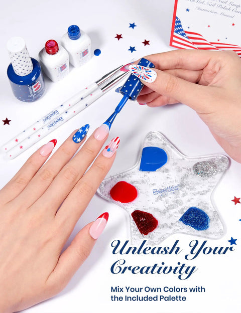 Fourth Of July Gel Nail Polish Kit With UV Light And 6 Festive Red White Blue Shades, Base Top Coat, Stickers, And Nail Art Tools