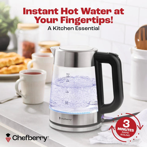 1.7L Electric Kettle For Tea And Water With Borosilicate Glass Body And Stainless Steel Water Path, shown on kitchen counter