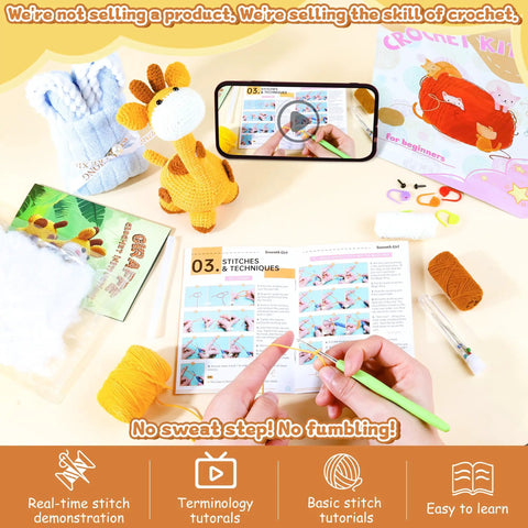 Beginner Crochet Kit For Adorable Giraffe Toy Made Easy And Fun With Yarn Hook And Video Tutorial Step By Step Instructions Complete DIY Craft Pack For Adults Arts And Crafts Lovers Room Decor Gift on table.