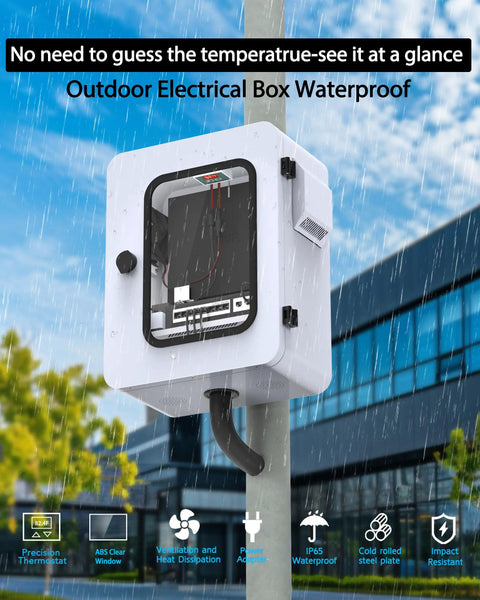 Heavy Duty Outdoor Electrical Box With Clear Window Thermostat And Fan For Precise 0.1F Temperature Control Weatherproof IP65 Galvanized Steel Housing And Aluminum Rear Beam Built To Stand Up In Harsh Environments 17.7 X 13.8 X 7.9 Inches installed on a pole in the rain.