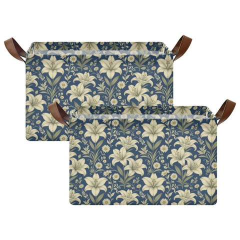 Game Changer Foldable Storage Bins For Shelves With Heavy Duty Steel Frame And Smooth Polyester Fabric Featuring Grab Handles Decorative floral organizers in two sizes.