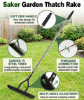 15 Inch Heavy Duty Dethatching Rake With Adjustable Long Handle Metal Turf Rake for Grass and Lawn Cleanup, shown in a garden setting.