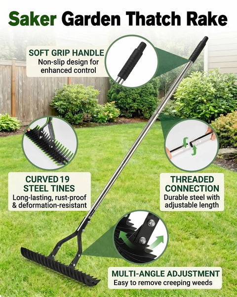 15 Inch Heavy Duty Dethatching Rake With Adjustable Long Handle Metal Turf Rake for Grass and Lawn Cleanup, shown in a garden setting.