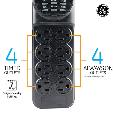 Top view of a Seven Day Digital Power Strip With Timer For Lamps And Electronics, Eight Outlets With Four Timed And Four Always On Sockets, 1800W