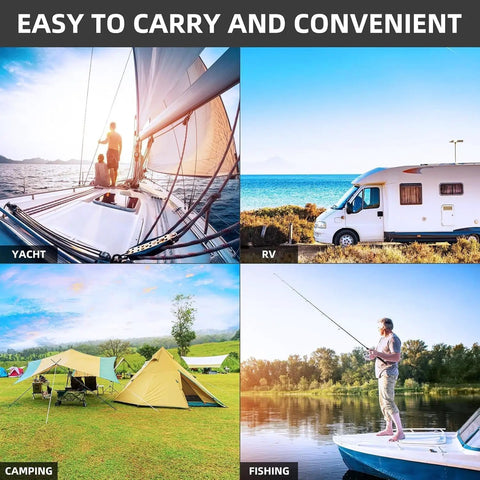 Collage of yacht, RV, camping, and fishing scenes, highlighting the versatility of the Beefy 12V 100Ah LiFePO4 Battery With Built In 100A BMS