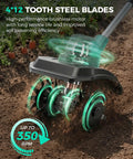 Cordless 21V Tiller Cultivator for Gardening, 350 RPM Electric Garden Tiller in action with 4x12 tooth steel blades on soil.