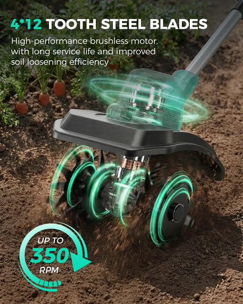 Cordless 21V Tiller Cultivator for Gardening, 350 RPM Electric Garden Tiller in action with 4x12 tooth steel blades on soil.