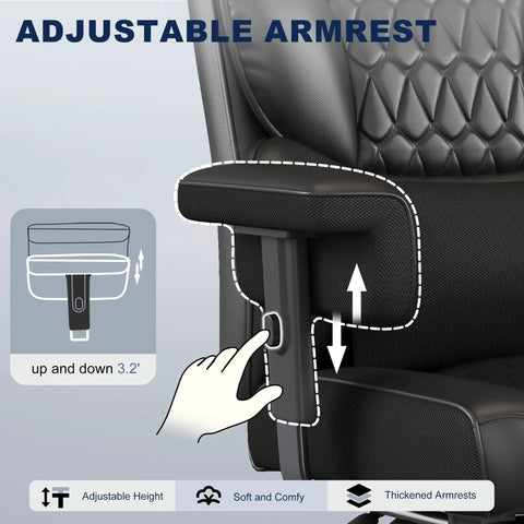 Big And Tall Office Chair with Footrest For All Day Comfort, adjustable lift armrests feature in black faux leather